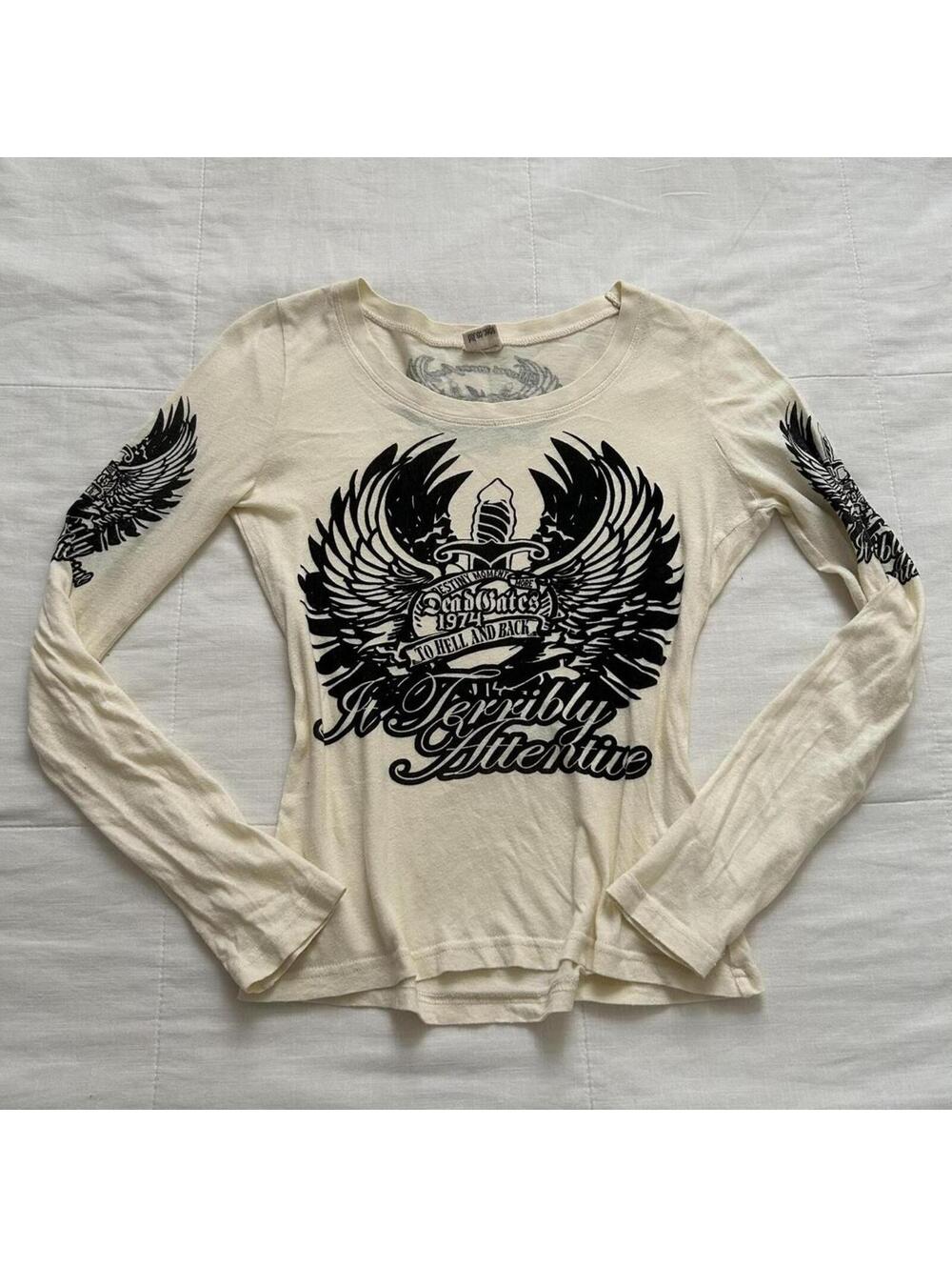 d.i.a. Cream Black Biker Print Long Sleeve Tee Gyaru Size S Japan